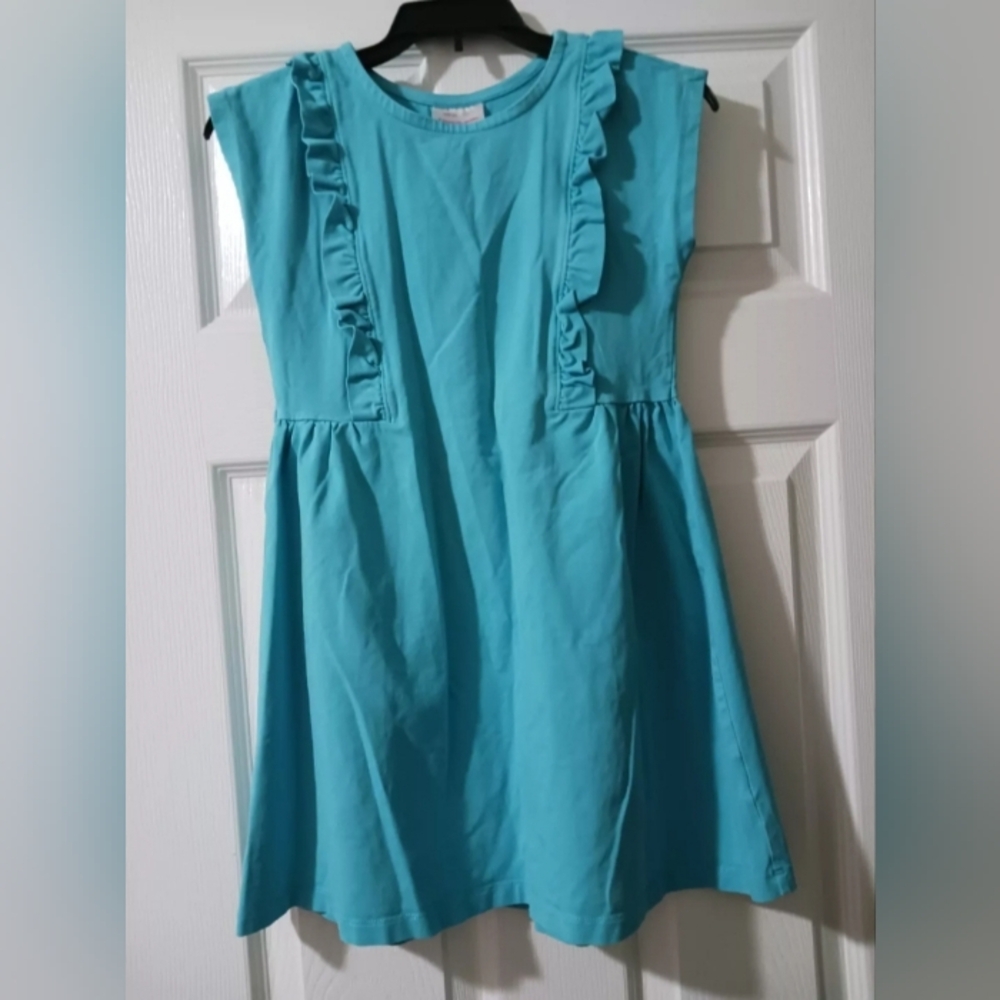 Hanna Andersson Girls 6-7 Blue Short Sleeve Ruffle Fit & Flare T Shirt Dress EUC
